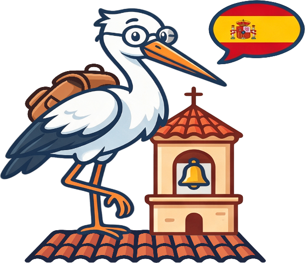 A stork with a backpack, perched by a bell tower